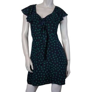 Forever 21 SZ Small Mini Dress Navy Blue with Green Hearts Flutter Cap Sleeve